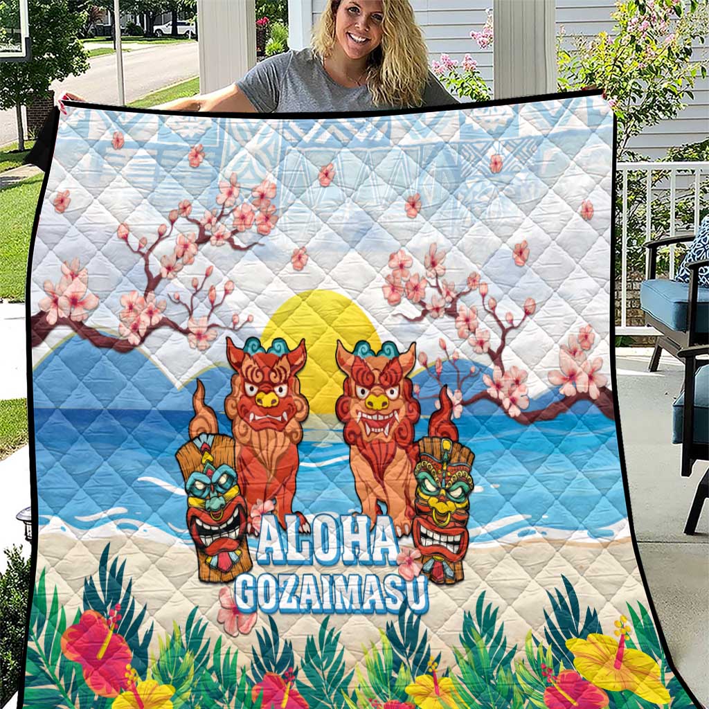 Hawaii And Japan Okinawa Quilt Aloha Gozaimasu Tiki With Shisa LT05 Blue - Polynesian Pride