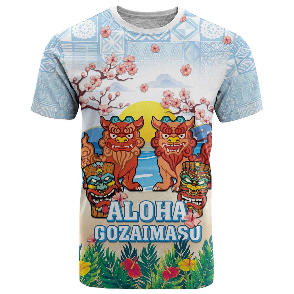 Hawaii And Japan Okinawa T Shirt Aloha Gozaimasu Tiki With Shisa LT05 Blue - Polynesian Pride