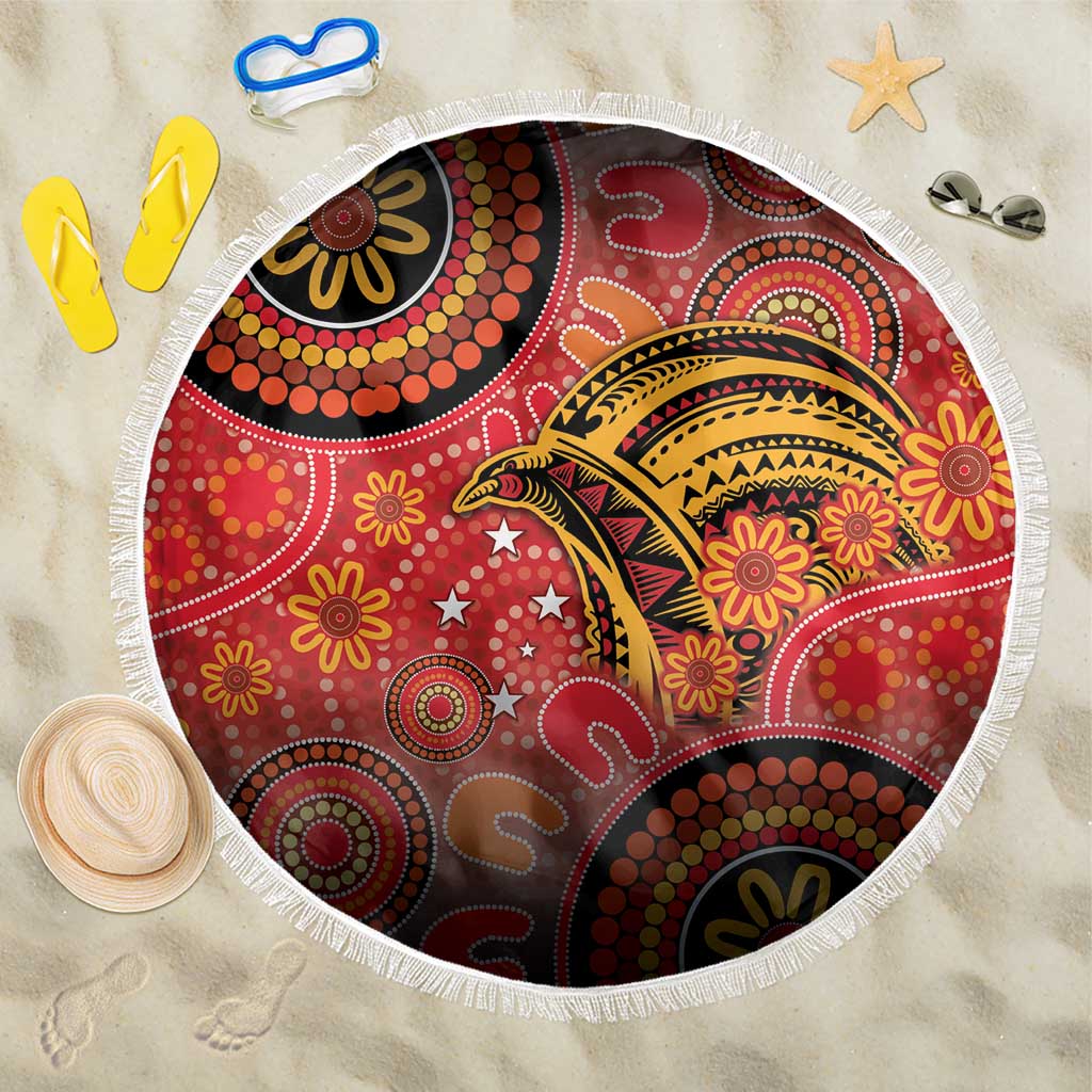 Papua New Guinea Beach Blanket Birds Of Paradise With Aboriginal Pattern LT05 One Size 150cm Red - Polynesian Pride