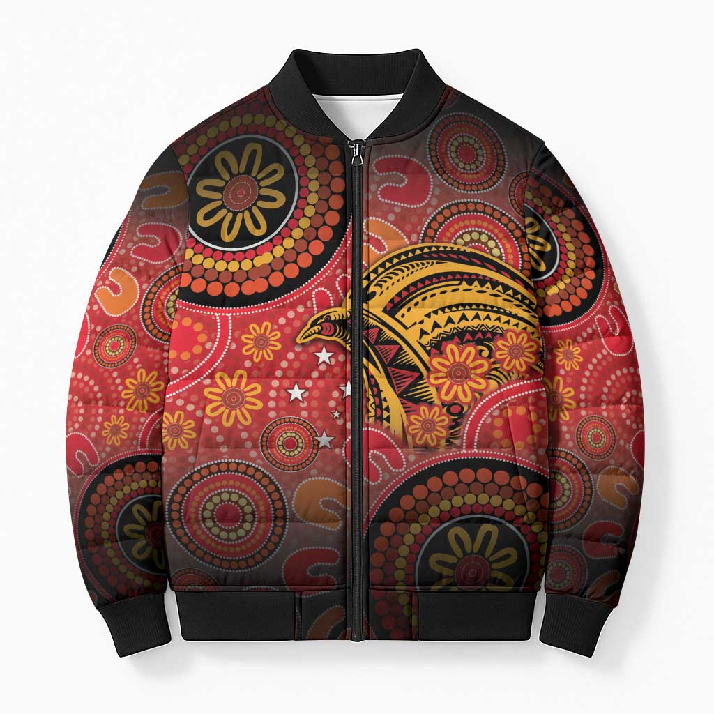 Papua New Guinea Bomber Puffer Jacket Birds Of Paradise With Aboriginal Pattern LT05 Unisex Red - Polynesian Pride