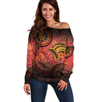 Papua New Guinea Off Shoulder Sweater Birds Of Paradise With Aboriginal Pattern LT05 Women Red - Polynesian Pride