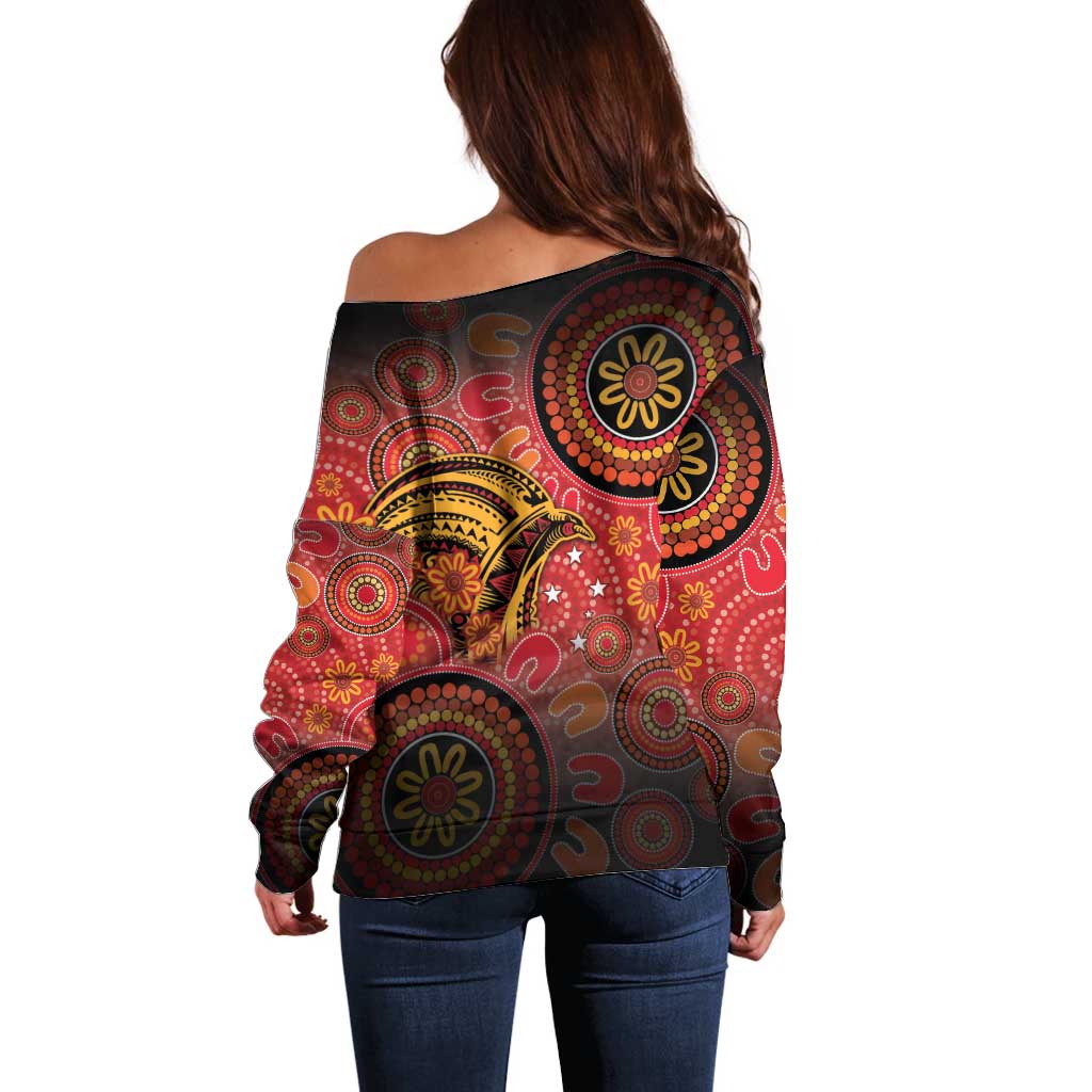Papua New Guinea Off Shoulder Sweater Birds Of Paradise With Aboriginal Pattern LT05 - Polynesian Pride