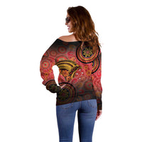 Papua New Guinea Off Shoulder Sweater Birds Of Paradise With Aboriginal Pattern LT05 - Polynesian Pride