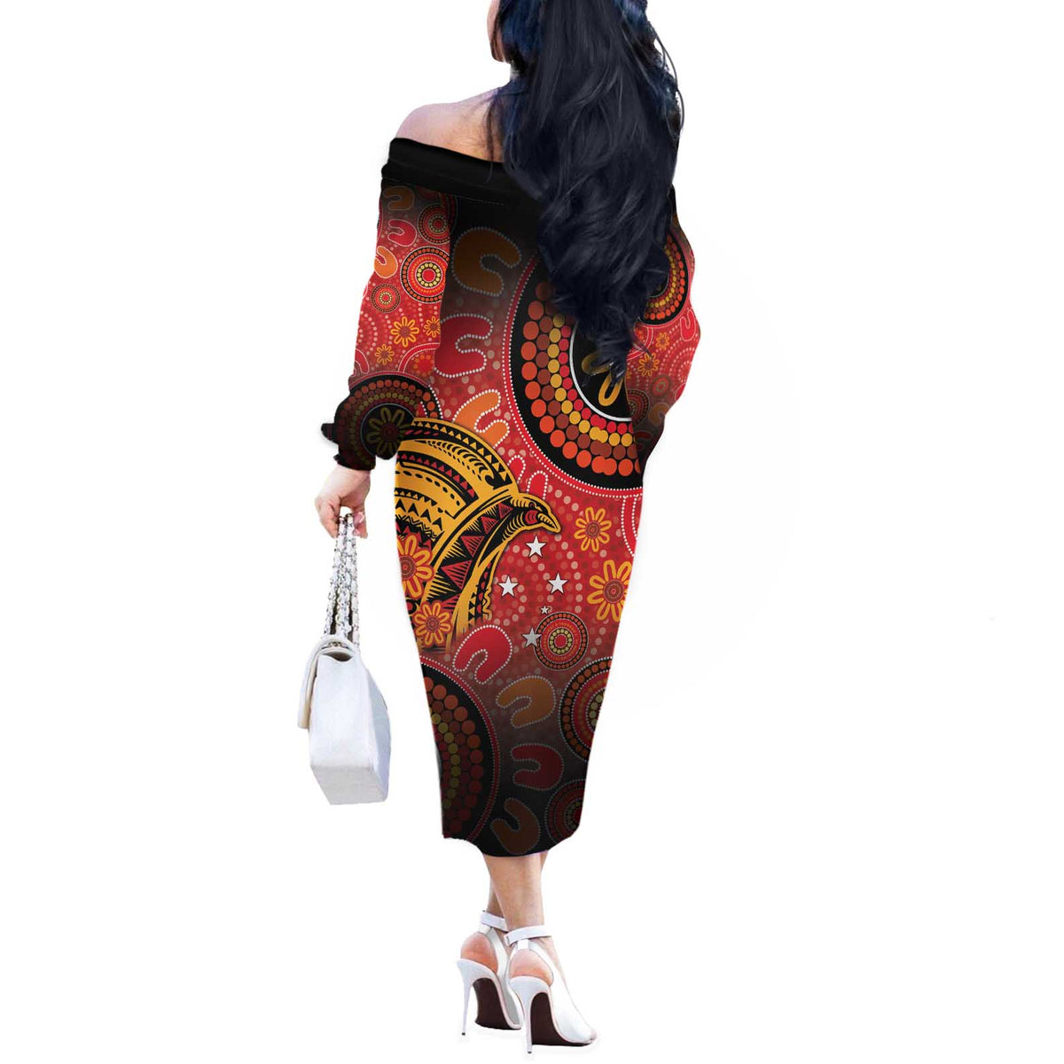 Papua New Guinea Off The Shoulder Long Sleeve Dress Birds Of Paradise With Aboriginal Pattern LT05 - Polynesian Pride