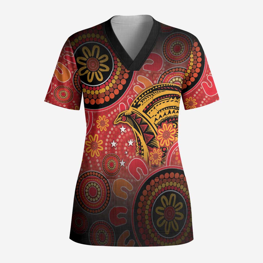 Papua New Guinea Scrub Top Birds Of Paradise With Aboriginal Pattern LT05 Adult Red - Polynesian Pride