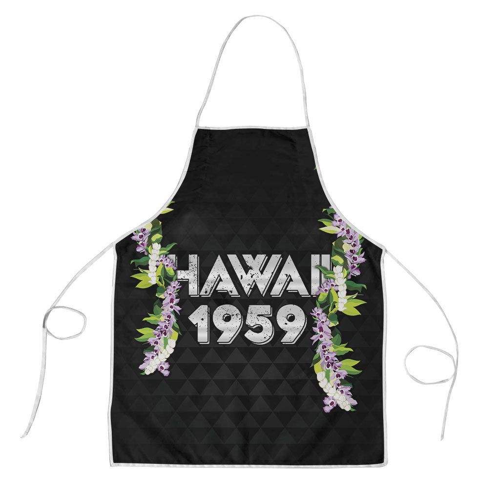 Hawaii Statehood Day Apron Kakau Pattern With Maile Pikake Honohono Lei LT05 Black - Polynesian Pride