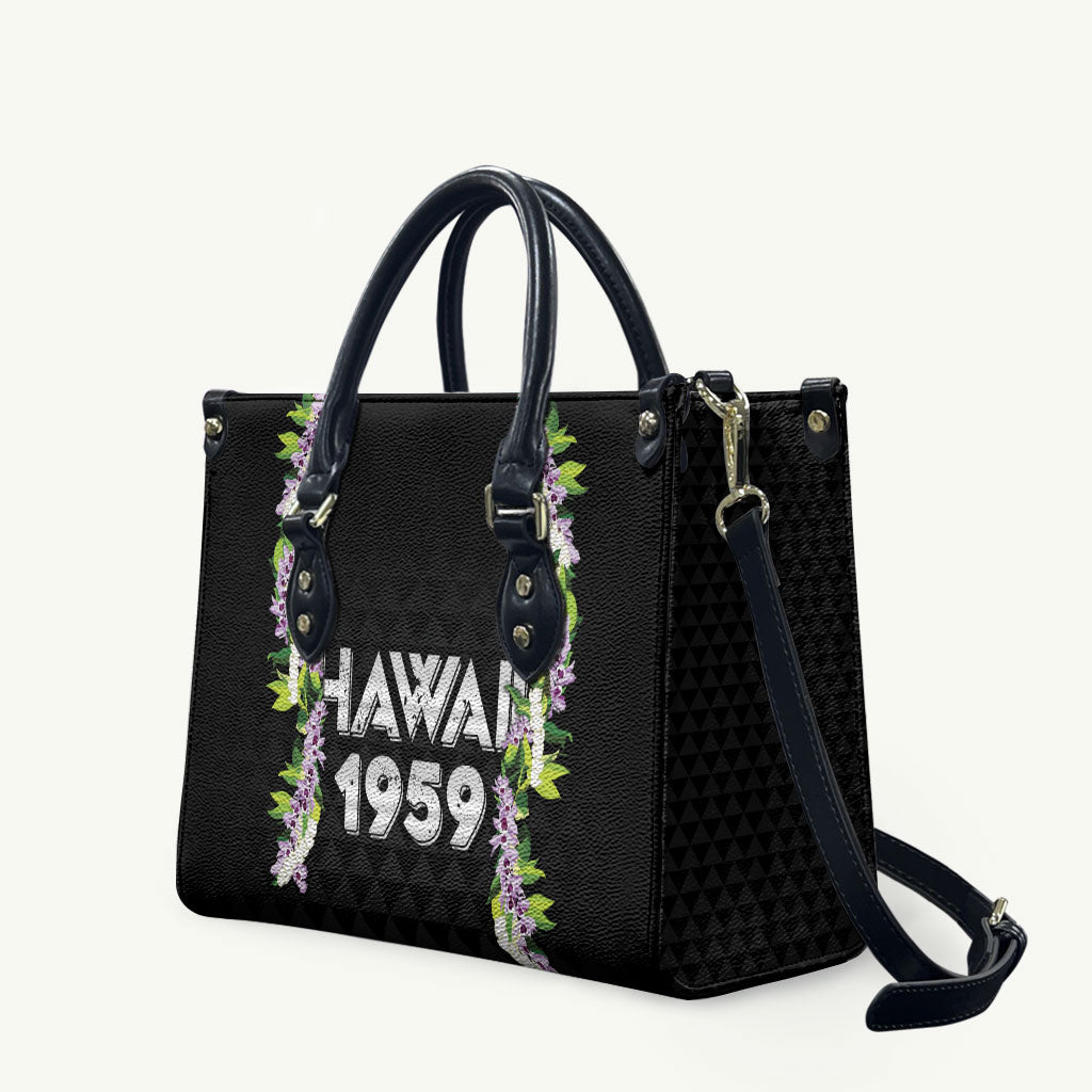 Hawaii Statehood Day Leather Bag Kakau Pattern With Maile Pikake Honohono Lei LT05 Black - Polynesian Pride