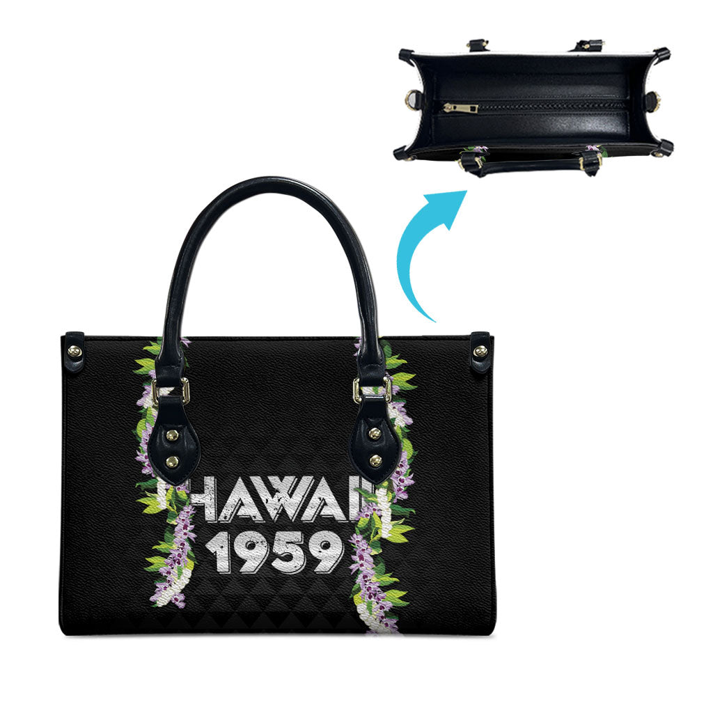 Hawaii Statehood Day Leather Bag Kakau Pattern With Maile Pikake Honohono Lei LT05 - Polynesian Pride