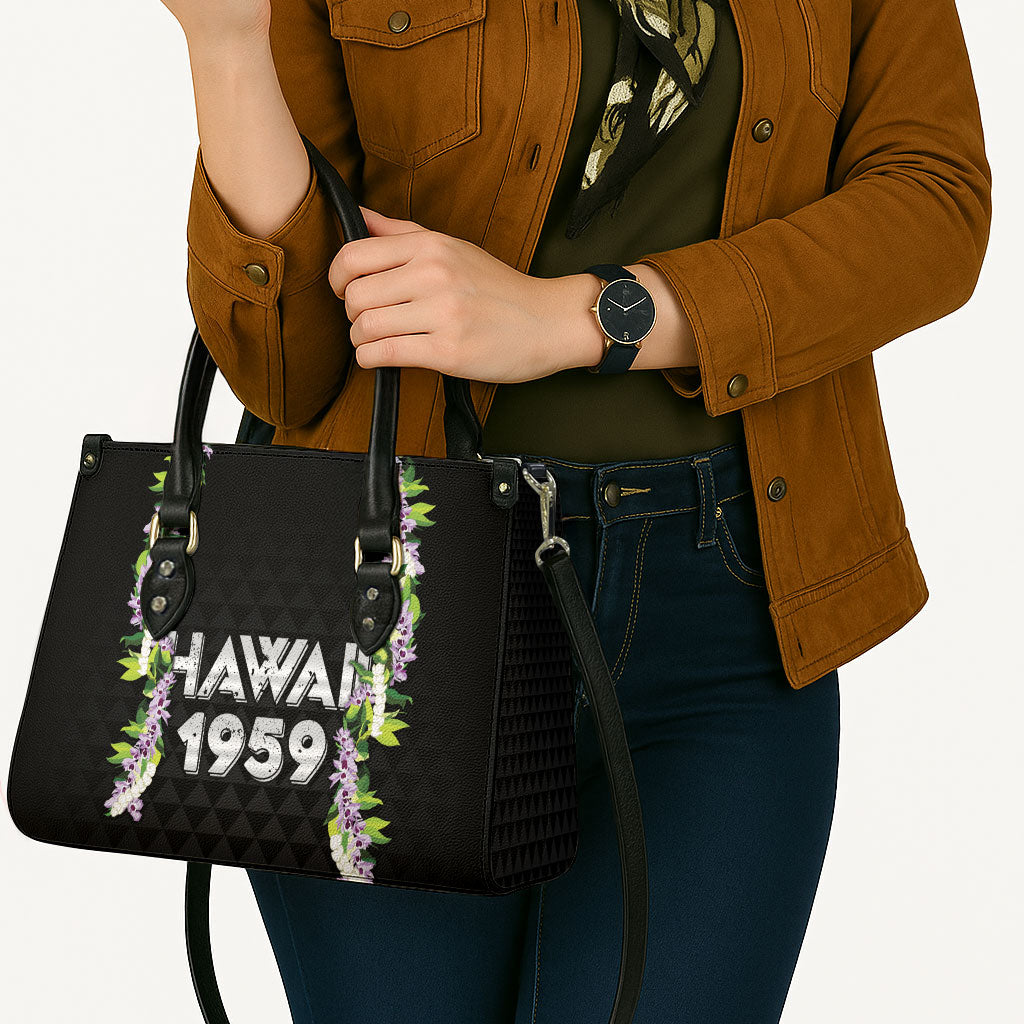 Hawaii Statehood Day Leather Bag Kakau Pattern With Maile Pikake Honohono Lei LT05 - Polynesian Pride