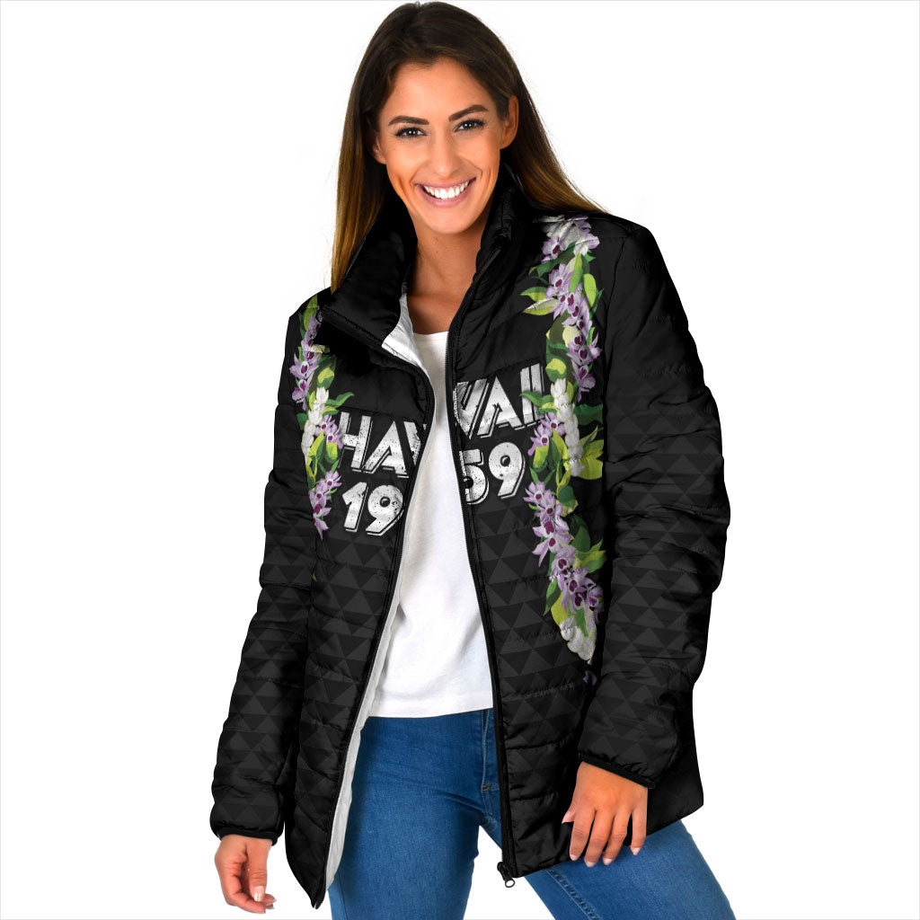 Hawaii Statehood Day Padded Jacket Kakau Pattern With Maile Pikake Honohono Lei LT05 Women Black - Polynesian Pride