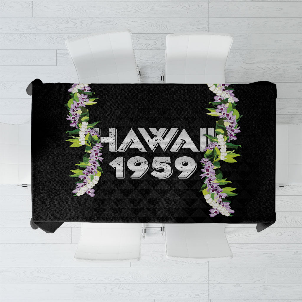 Hawaii Statehood Day Tablecloth Kakau Pattern With Maile Pikake Honohono Lei LT05 Black - Polynesian Pride
