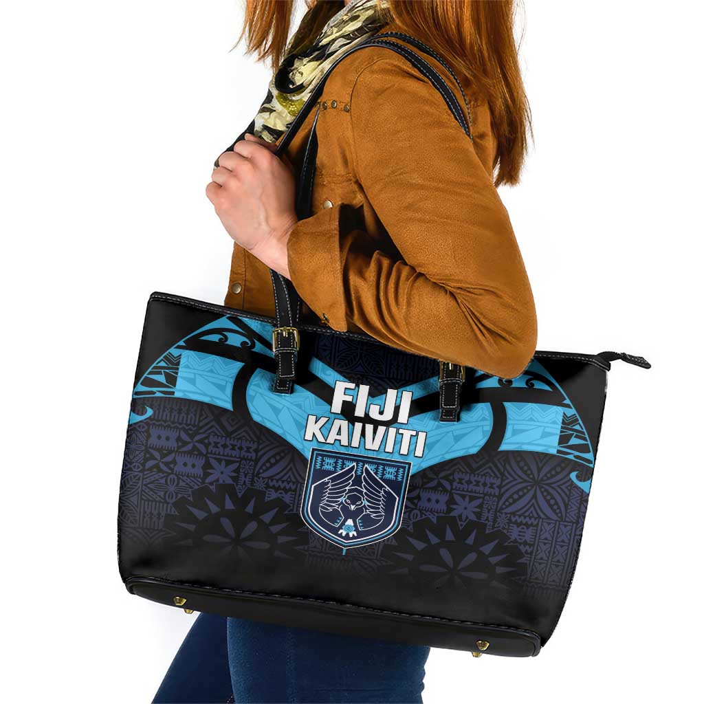 Fiji Kaiviti Rugby Leather Tote Bag Fiji Tapa Pattern LT05 Blue - Polynesian Pride