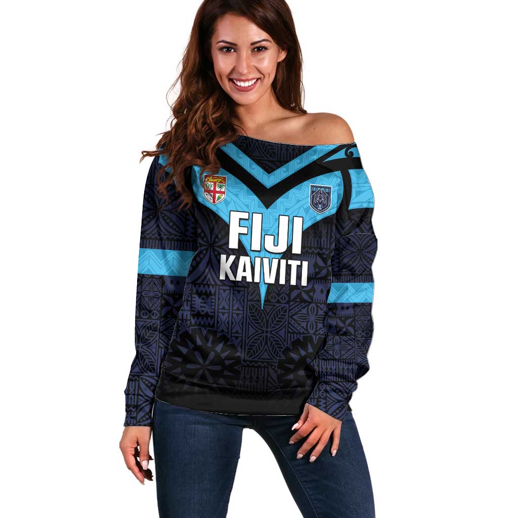 Custom Fiji Kaiviti Rugby Off Shoulder Sweater Fiji Tapa Pattern LT05 Women Blue - Polynesian Pride