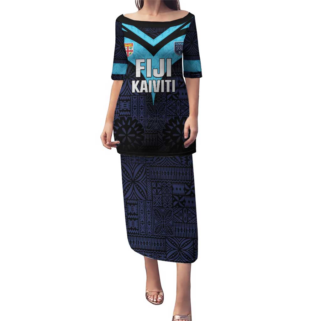 Custom Fiji Kaiviti Rugby Puletasi Fiji Tapa Pattern LT05 Long Dress Blue - Polynesian Pride
