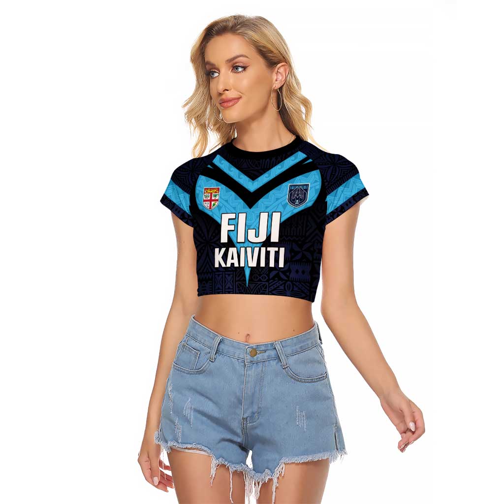 Custom Fiji Kaiviti Rugby Raglan Cropped T Shirt Fiji Tapa Pattern LT05 Female Blue - Polynesian Pride