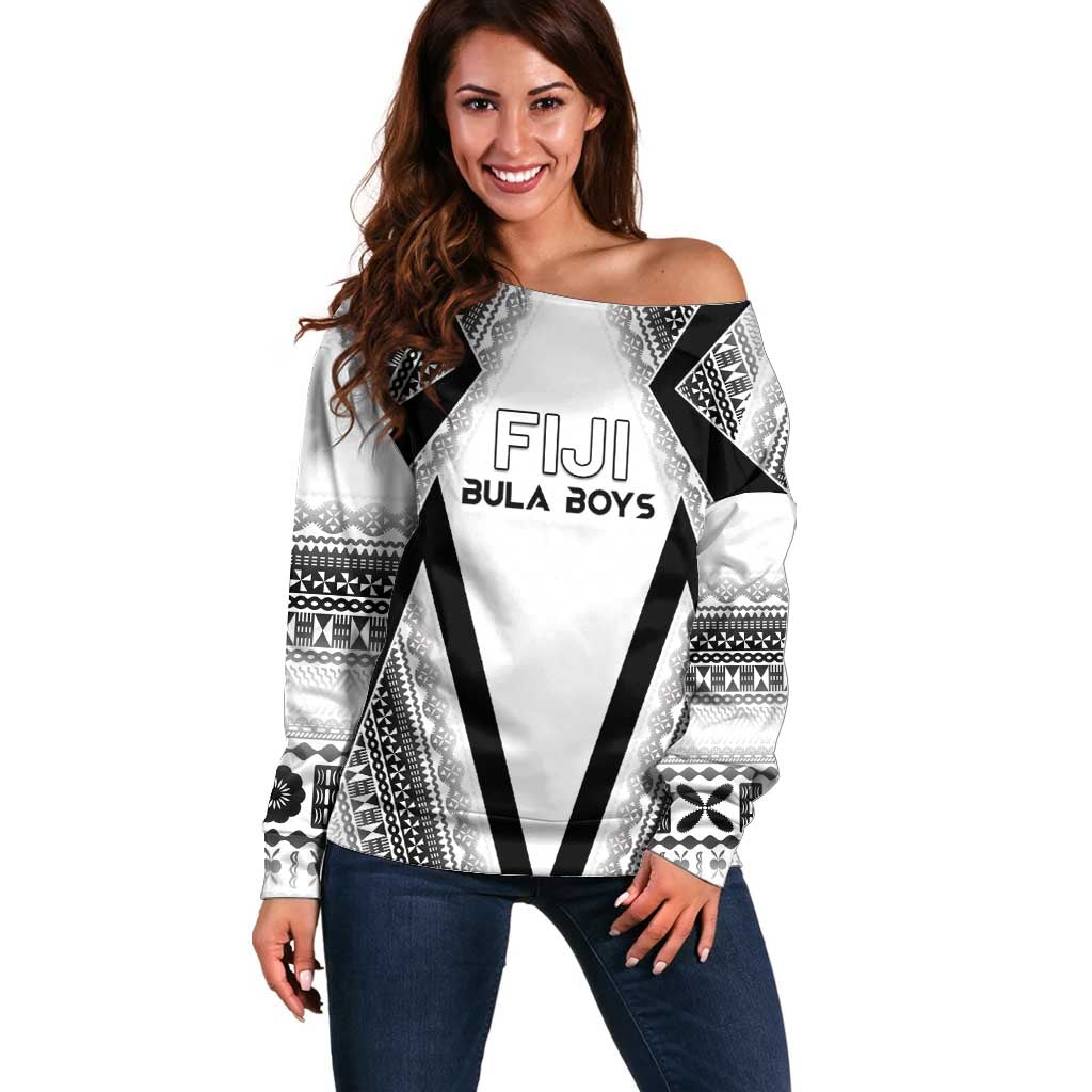 Custom Bula Fiji Football Off Shoulder Sweater Go Champions LT05 Women White - Polynesian Pride