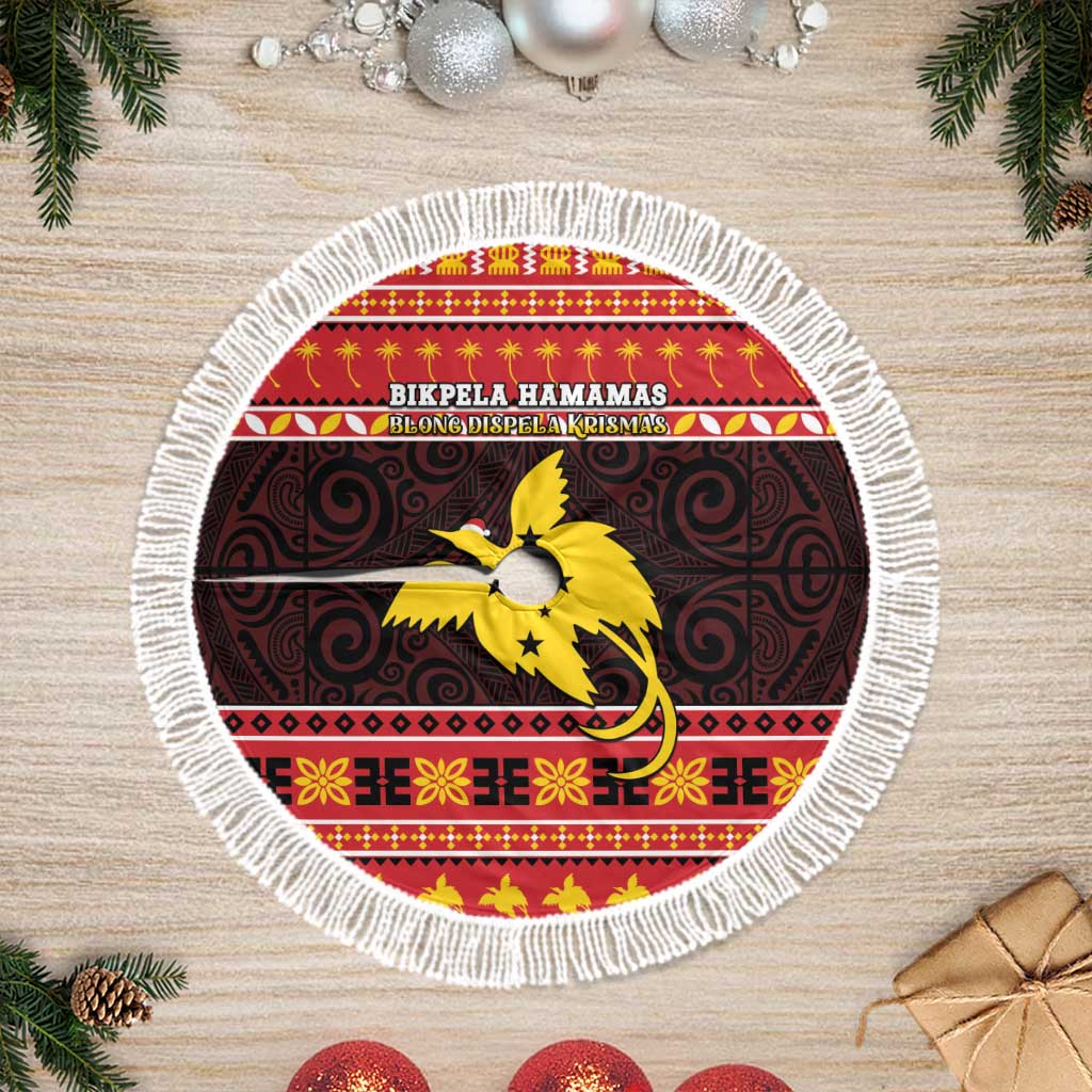 Papua New Guinea Christmas Tree Skirt Santa Raggiana LT05 Fringed Red - Polynesian Pride