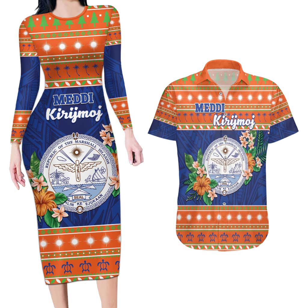 Marshall Islands Christmas Couples Matching Long Sleeve Bodycon Dress and Hawaiian Shirt Marshallese Seal Meddi Kirijmoj