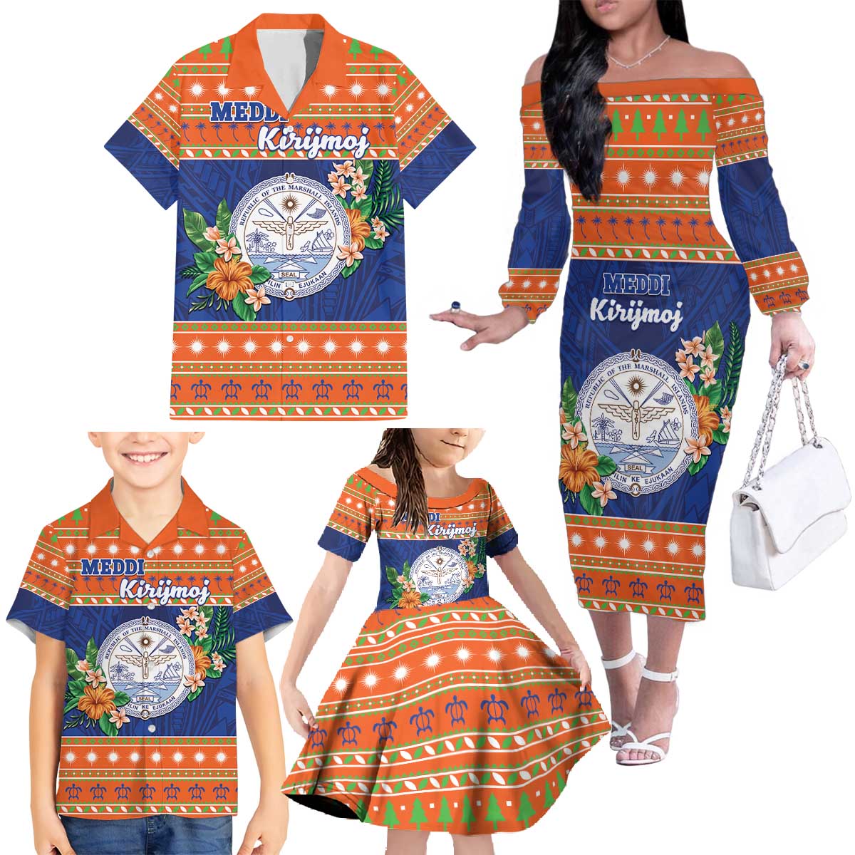 Marshall Islands Christmas Family Matching Off The Shoulder Long Sleeve Dress and Hawaiian Shirt Marshallese Seal Meddi Kirijmoj