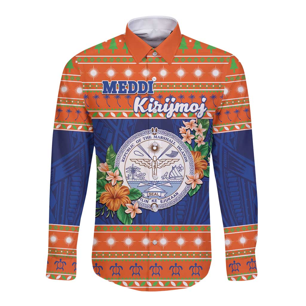 Marshall Islands Christmas Long Sleeve Button Shirt Marshallese Seal Meddi Kirijmoj LT05 Unisex Orange - Polynesian Pride