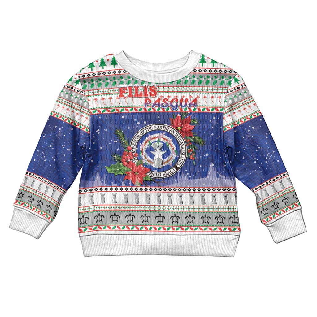 Northern Mariana Islands Christmas Kid Ugly Christmas Sweater Poinsettia Filis Pasgua LT05 Kid Blue - Polynesian Pride
