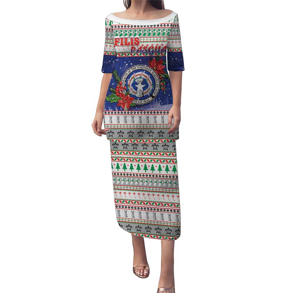 Northern Mariana Islands Christmas Puletasi Poinsettia Filis Pasgua LT05 Long Dress Blue - Polynesian Pride