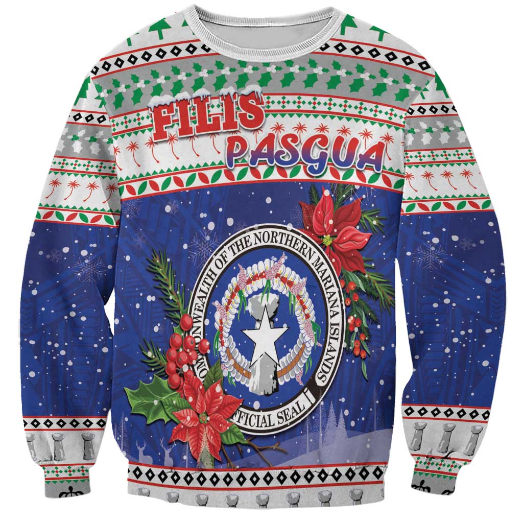 Northern Mariana Islands Christmas Sweatshirt Poinsettia Filis Pasgua LT05 Unisex Blue - Polynesian Pride