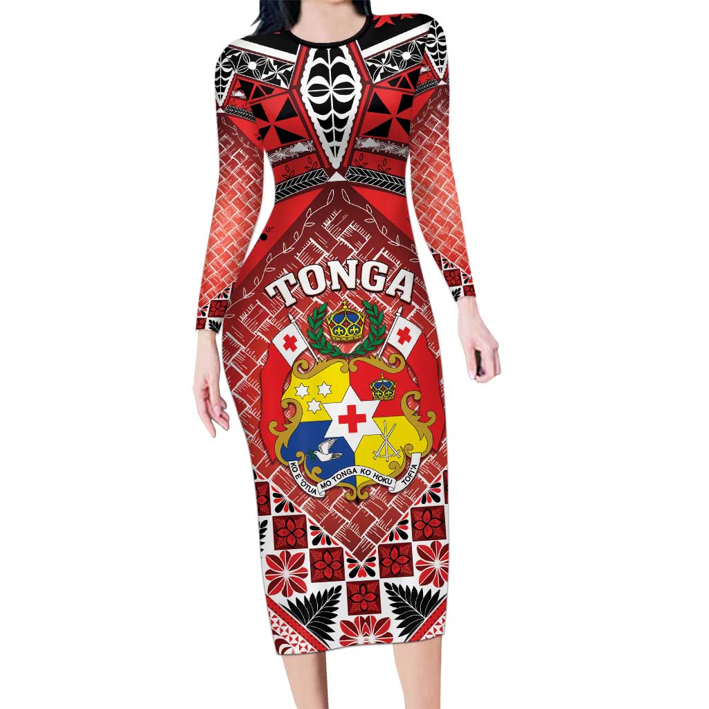 Personalised Tonga Constitution Day Long Sleeve Bodycon Dress 150 Years Jubilee LT05 Long Dress Red - Polynesian Pride