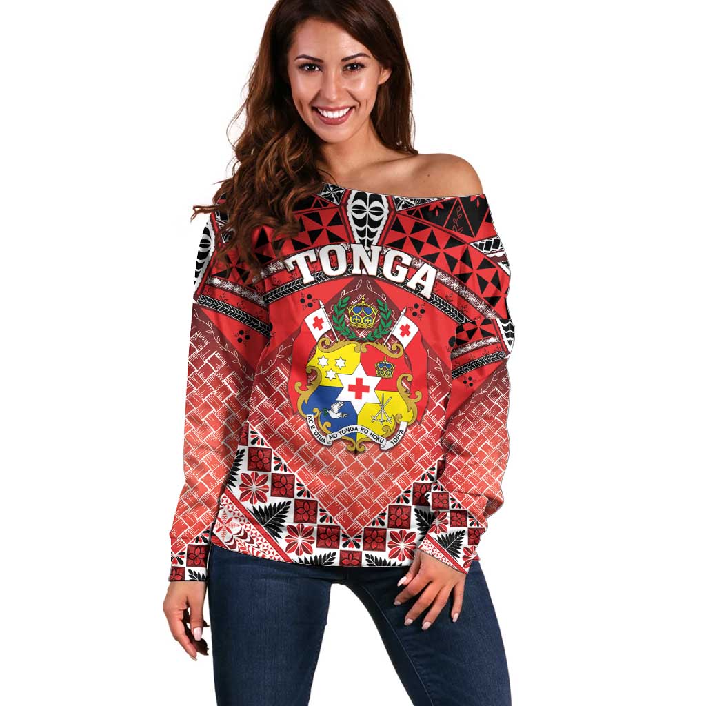 Personalised Tonga Constitution Day Off Shoulder Sweater 150 Years Jubilee LT05 Women Red - Polynesian Pride