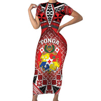Personalised Tonga Constitution Day Short Sleeve Bodycon Dress 150 Years Jubilee LT05 Long Dress Red - Polynesian Pride