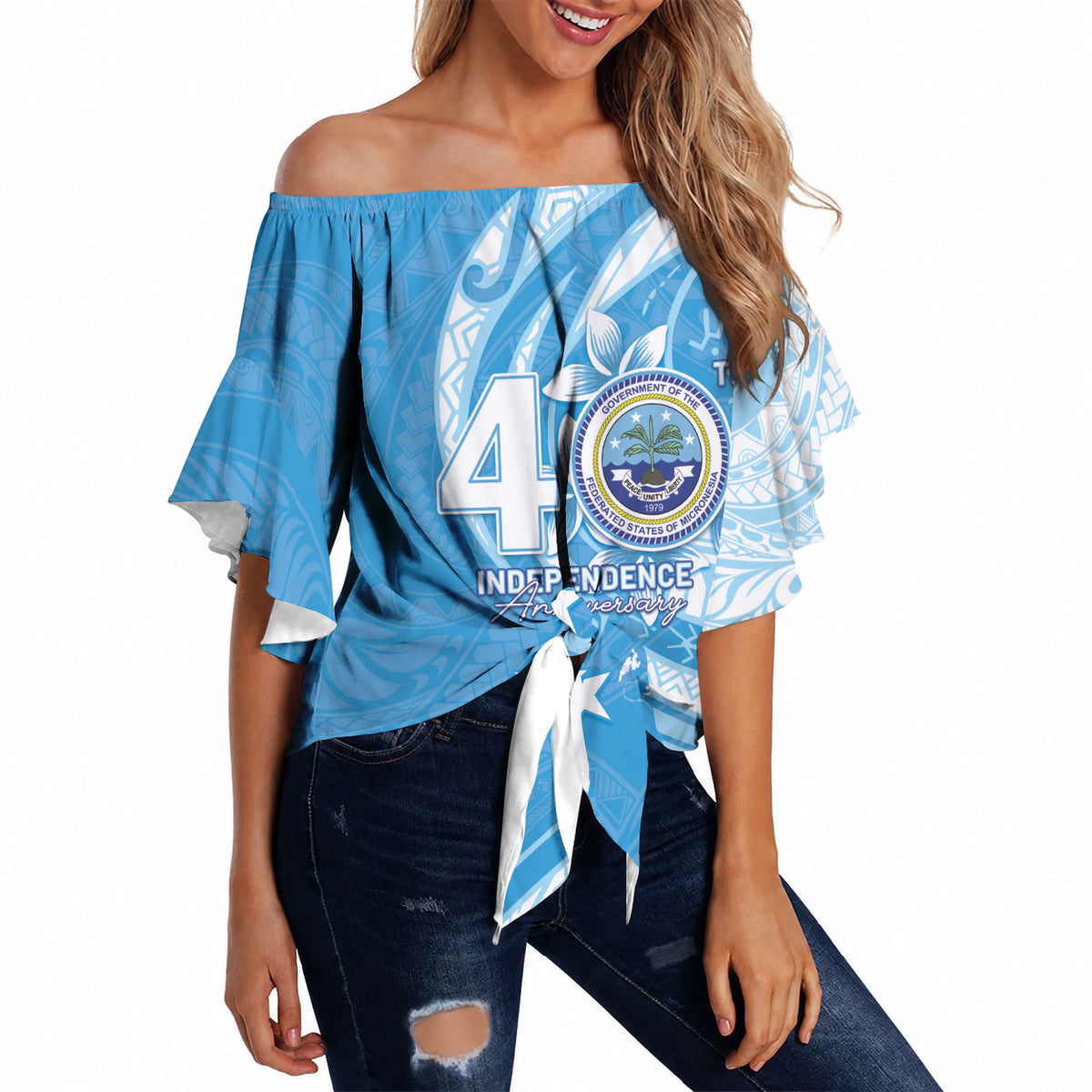 FSM Micronesia Off Shoulder Wrap Waist Top 40th Independence Anniversary LT05 Blue - Polynesian Pride