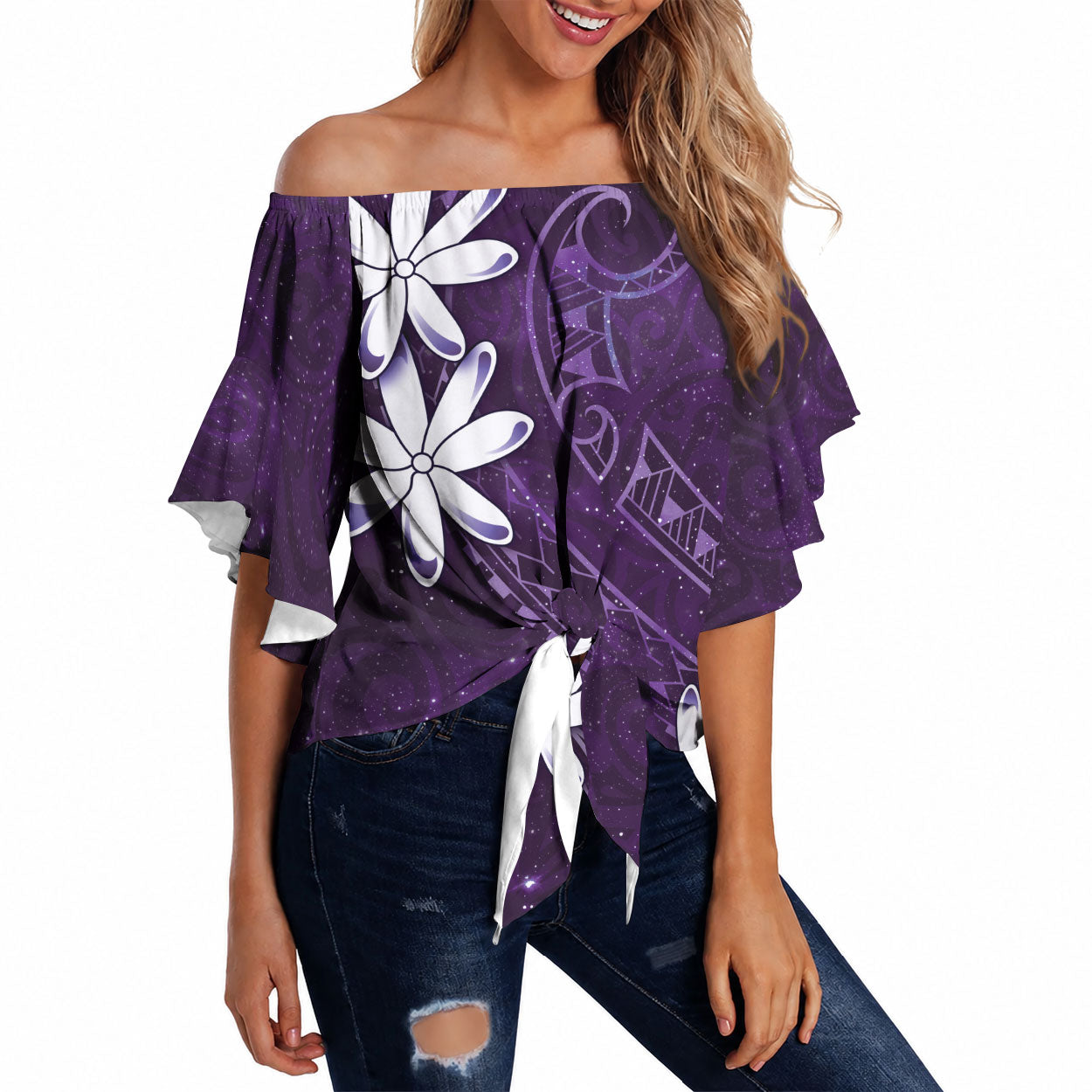 Tahiti Matarii Off Shoulder Wrap Waist Top Tahitian Spring Purple Galaxy LT05 Purple - Polynesian Pride
