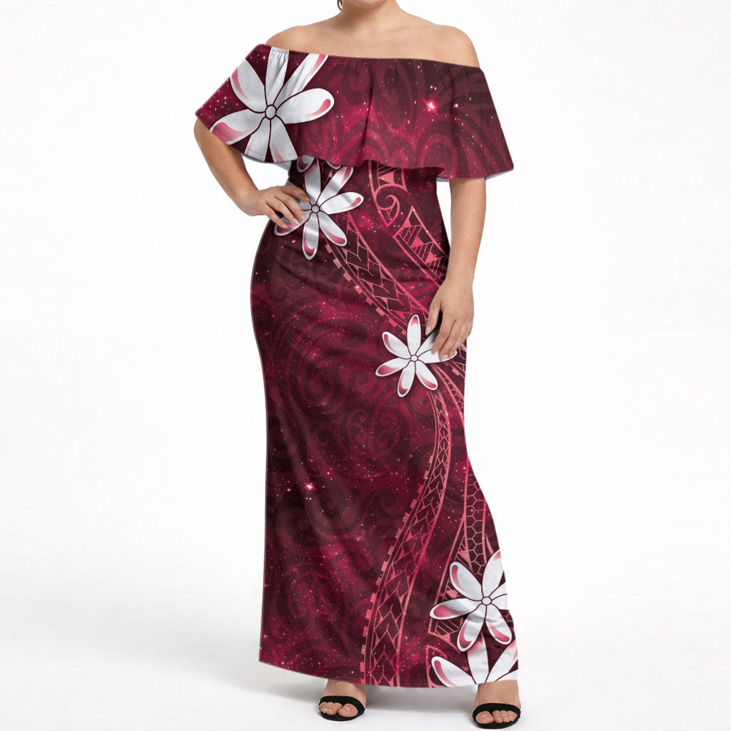 Tahiti Matarii Off Shoulder Maxi Dress Tahitian Spring Red Galaxy LT05 Women Red - Polynesian Pride