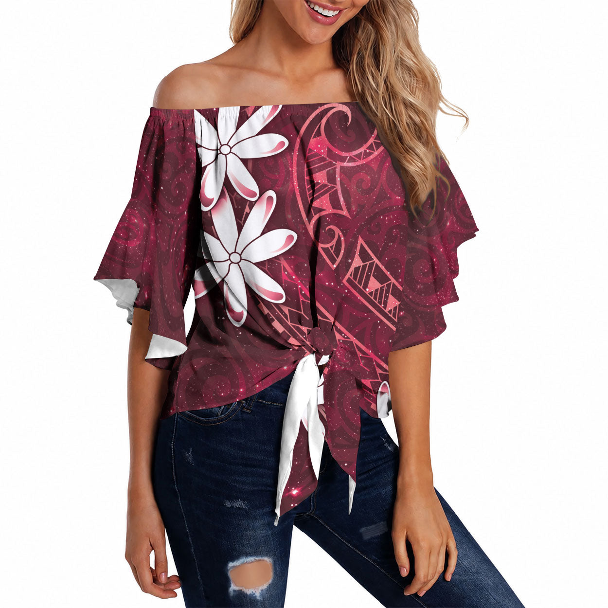 Tahiti Matarii Off Shoulder Wrap Waist Top Tahitian Spring Red Galaxy LT05 Red - Polynesian Pride