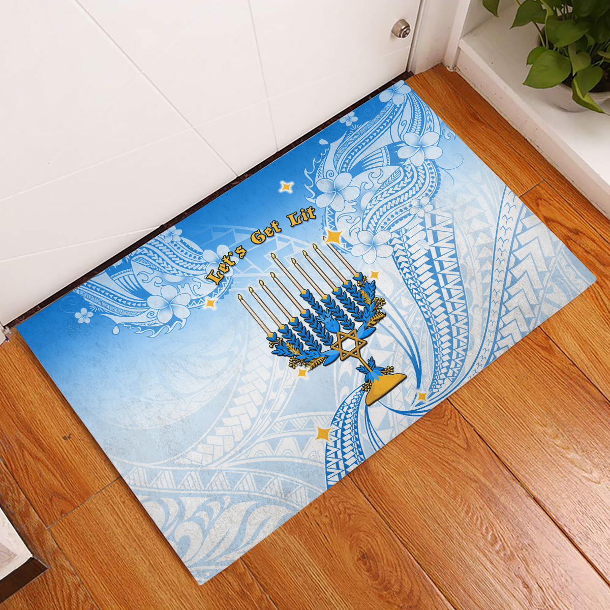 Polynesia Hanukkah Festival Rubber Doormat With Menorah Polynesian Style LT05 Blue - Polynesian Pride