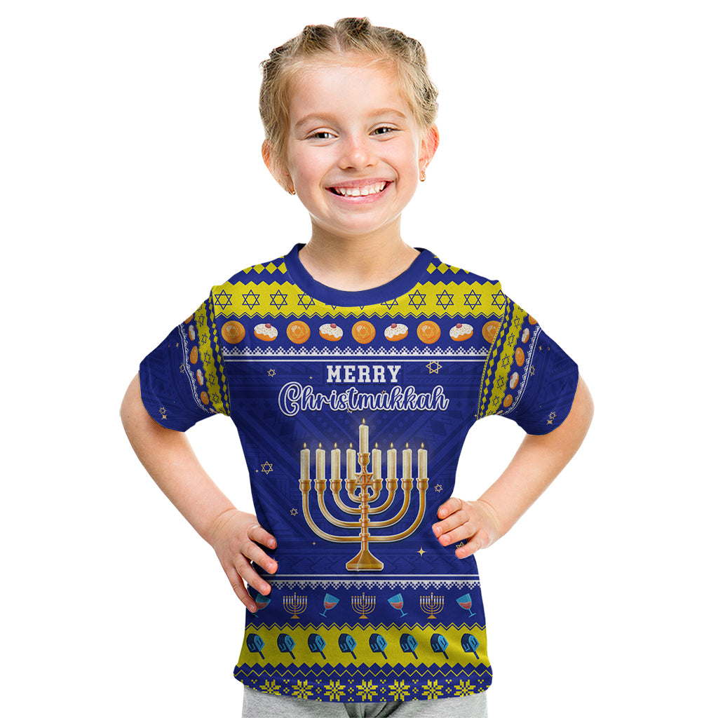 Personalised Polynesia Christmukkah Kid T Shirt Menorah With Polynesian Tribal Pattern LT05 Blue - Polynesian Pride