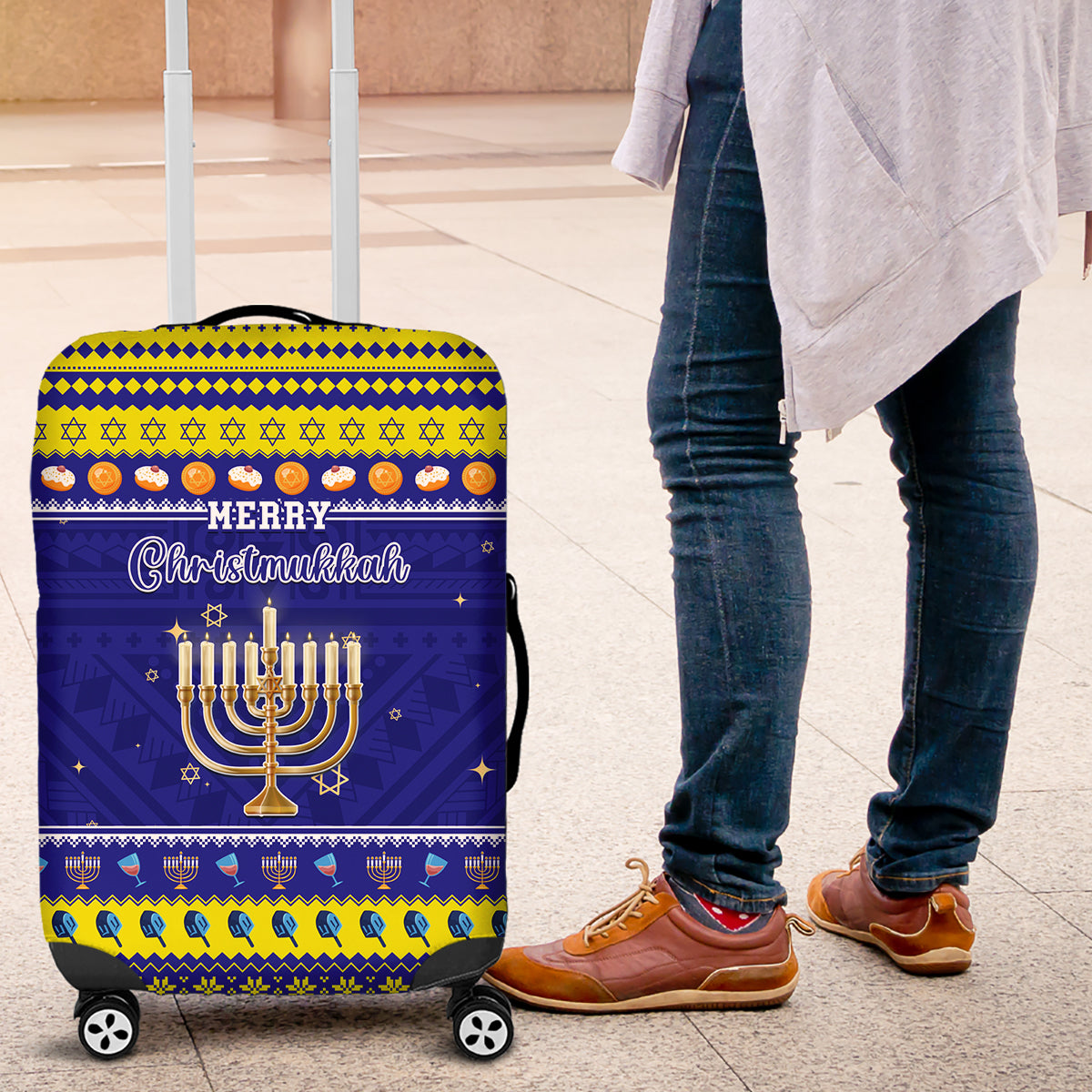Polynesia Christmukkah Luggage Cover Menorah With Polynesian Tribal Pattern LT05 Blue - Polynesian Pride