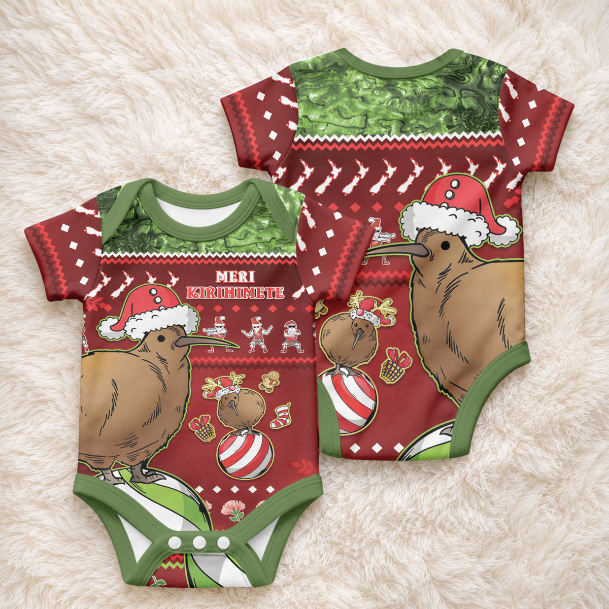 New Zealand Kiwi Christmas Baby Onesie Paua Shell Glitter Green LT05 - Polynesian Pride