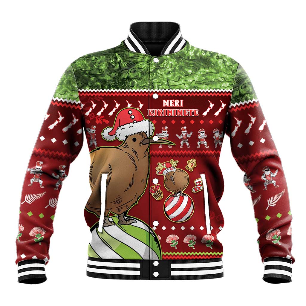 New Zealand Kiwi Christmas Baseball Jacket Paua Shell Glitter Green LT05 Unisex Red - Polynesian Pride