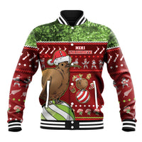 New Zealand Kiwi Christmas Baseball Jacket Paua Shell Glitter Green LT05 Unisex Red - Polynesian Pride