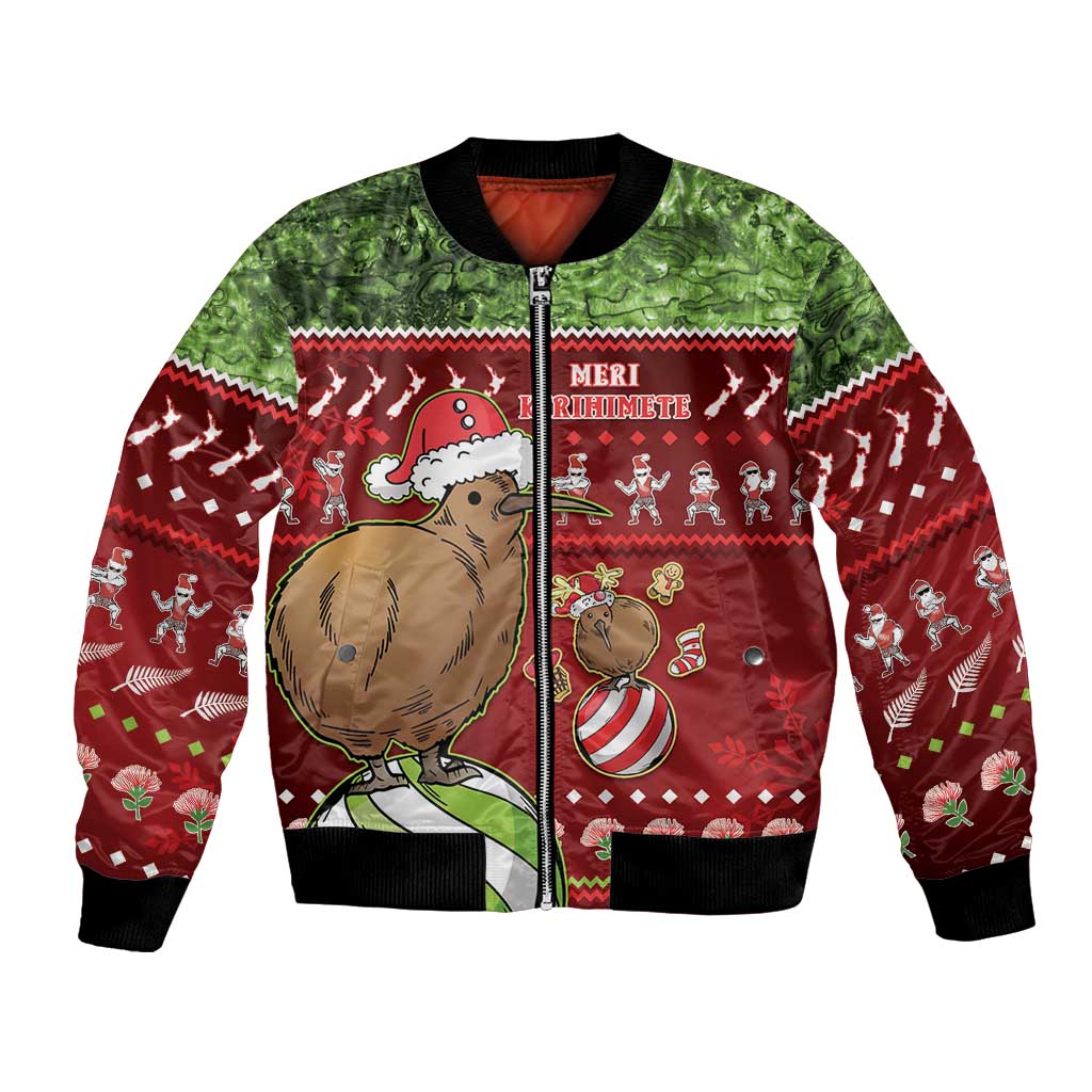 New Zealand Kiwi Christmas Bomber Jacket Paua Shell Glitter Green LT05 Unisex Red - Polynesian Pride