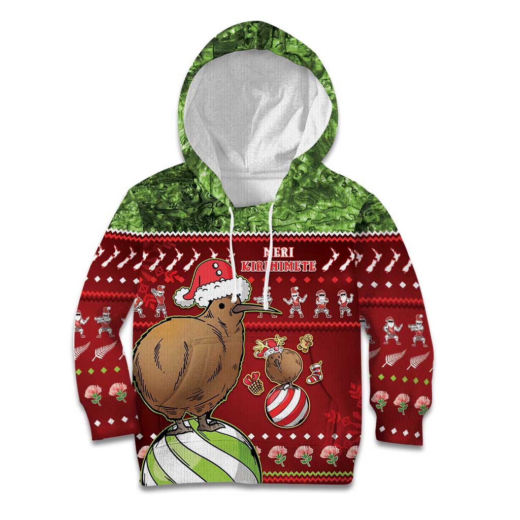 New Zealand Kiwi Christmas Kid Hoodie Paua Shell Glitter Green LT05 Hoodie Red - Polynesian Pride