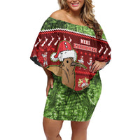 New Zealand Kiwi Christmas Off Shoulder Short Dress Paua Shell Glitter Green LT05 Women Red - Polynesian Pride