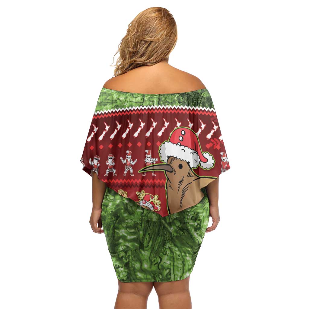New Zealand Kiwi Christmas Off Shoulder Short Dress Paua Shell Glitter Green LT05 - Polynesian Pride