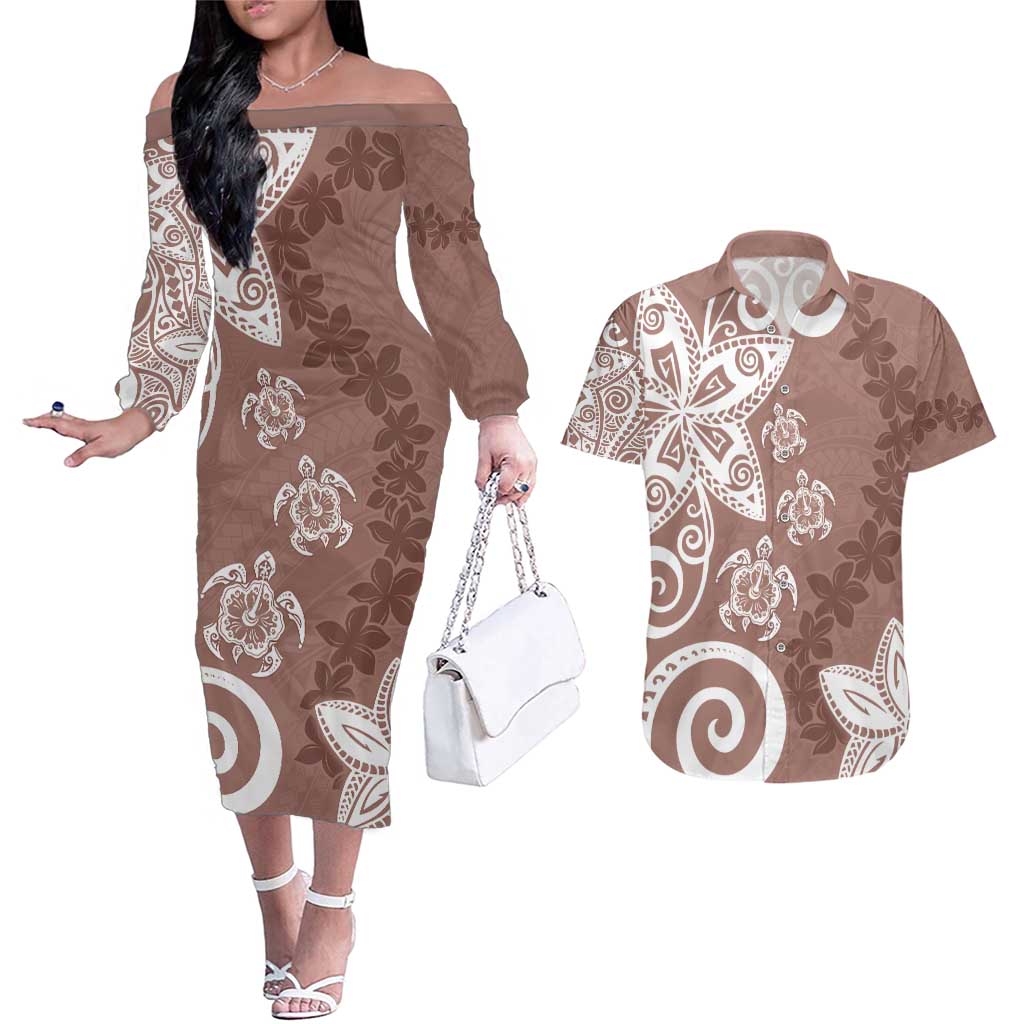 Polynesia Couples Matching Off The Shoulder Long Sleeve Dress and Hawaiian Shirt Brown Tribal Turtle Floral Pattern