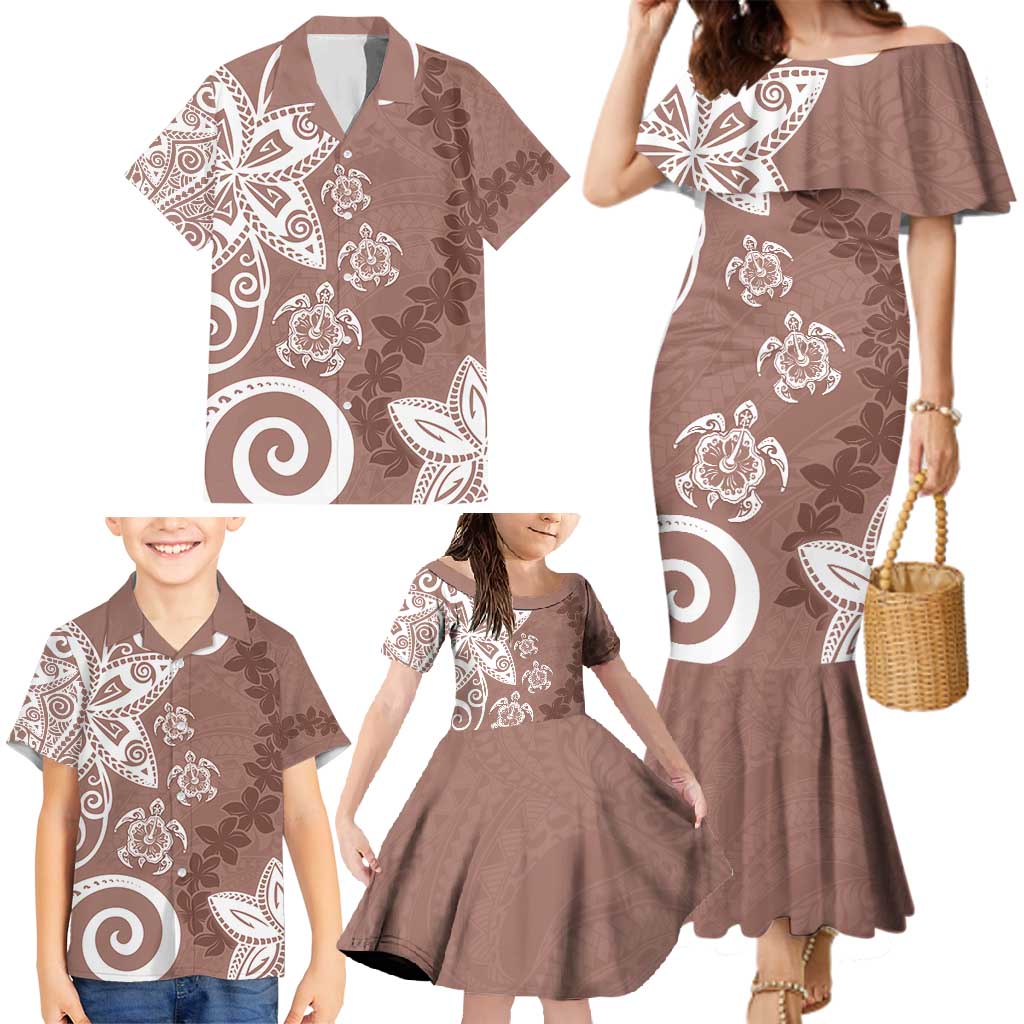 Polynesia Family Matching Mermaid Dress and Hawaiian Shirt Brown Tribal Turtle Floral Pattern