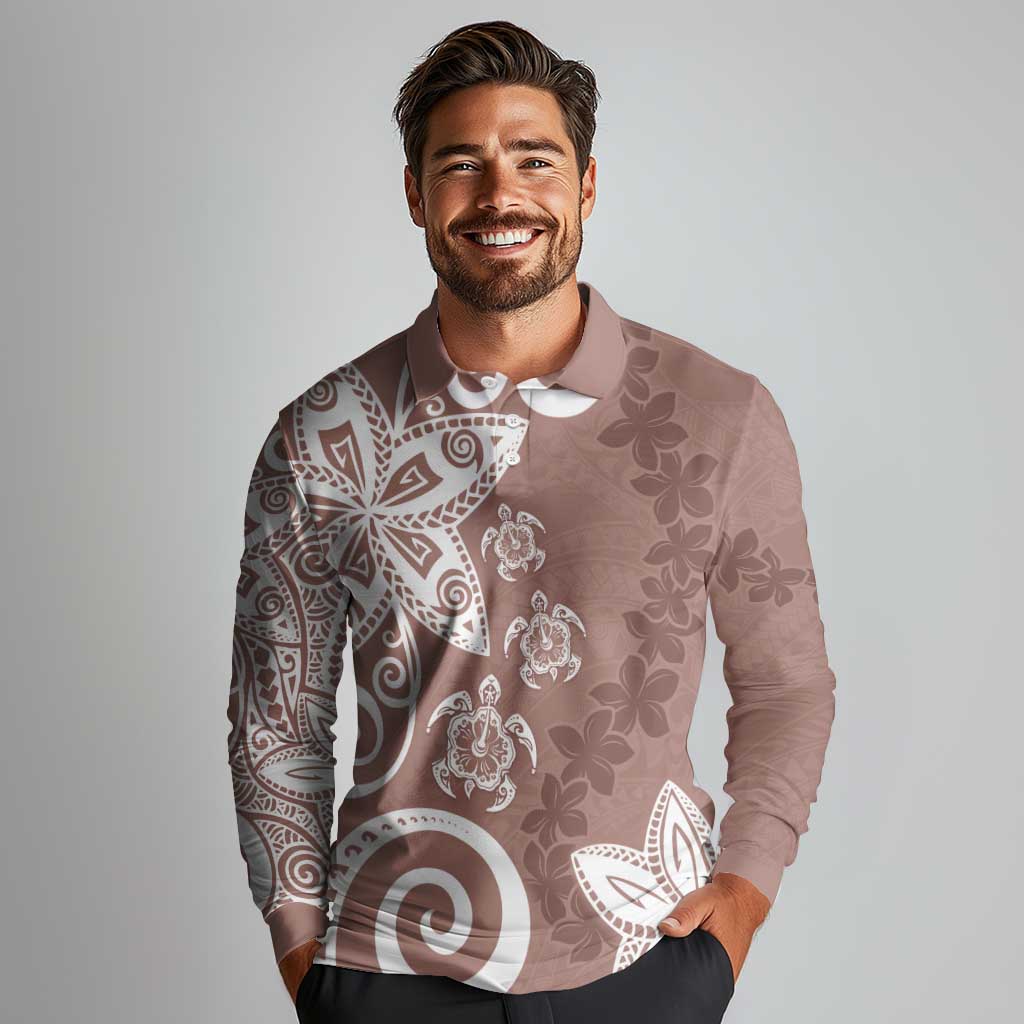 Polynesia Long Sleeve Polo Shirt Brown Tribal Turtle Floral Pattern LT05 - Polynesian Pride
