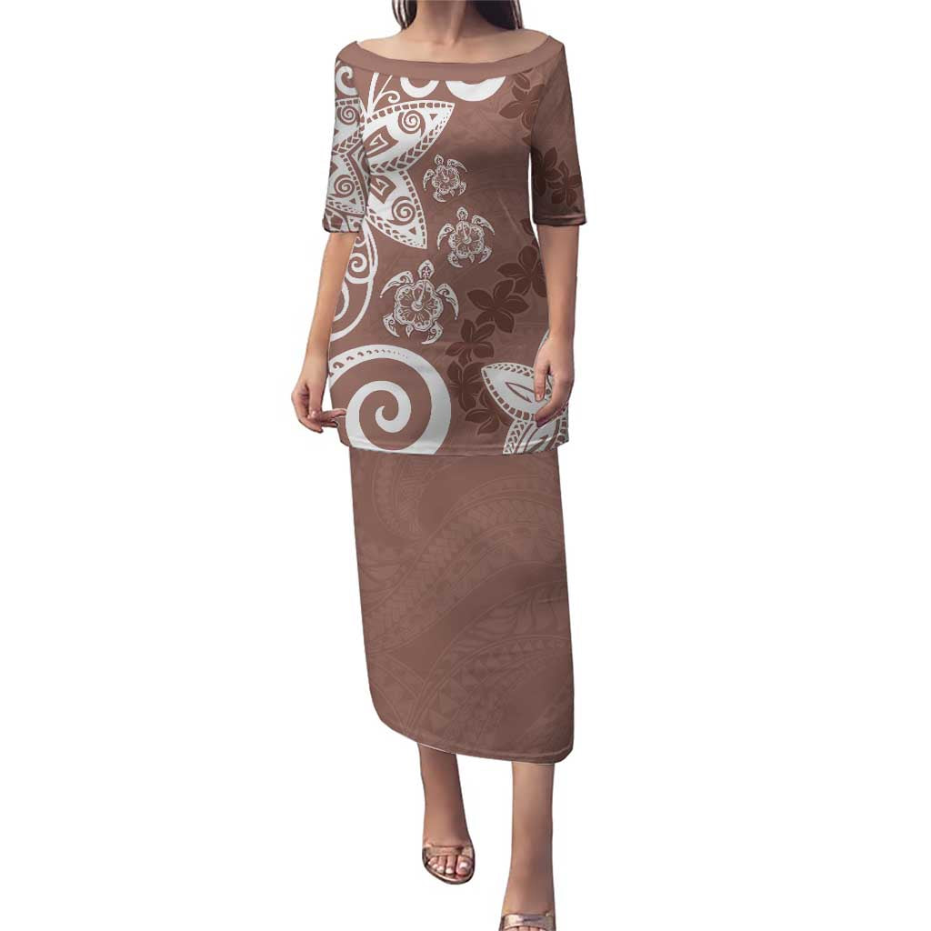 Polynesia Puletasi Brown Tribal Turtle Floral Pattern LT05 Long Dress Brown - Polynesian Pride
