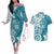 Polynesia Couples Matching Off The Shoulder Long Sleeve Dress and Hawaiian Shirt Hippie Blue Tribal Turtle Floral Pattern