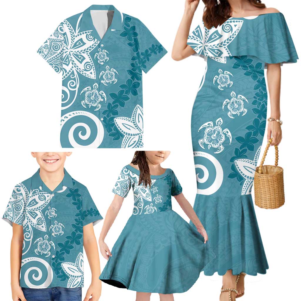 Polynesia Family Matching Mermaid Dress and Hawaiian Shirt Hippie Blue Tribal Turtle Floral Pattern